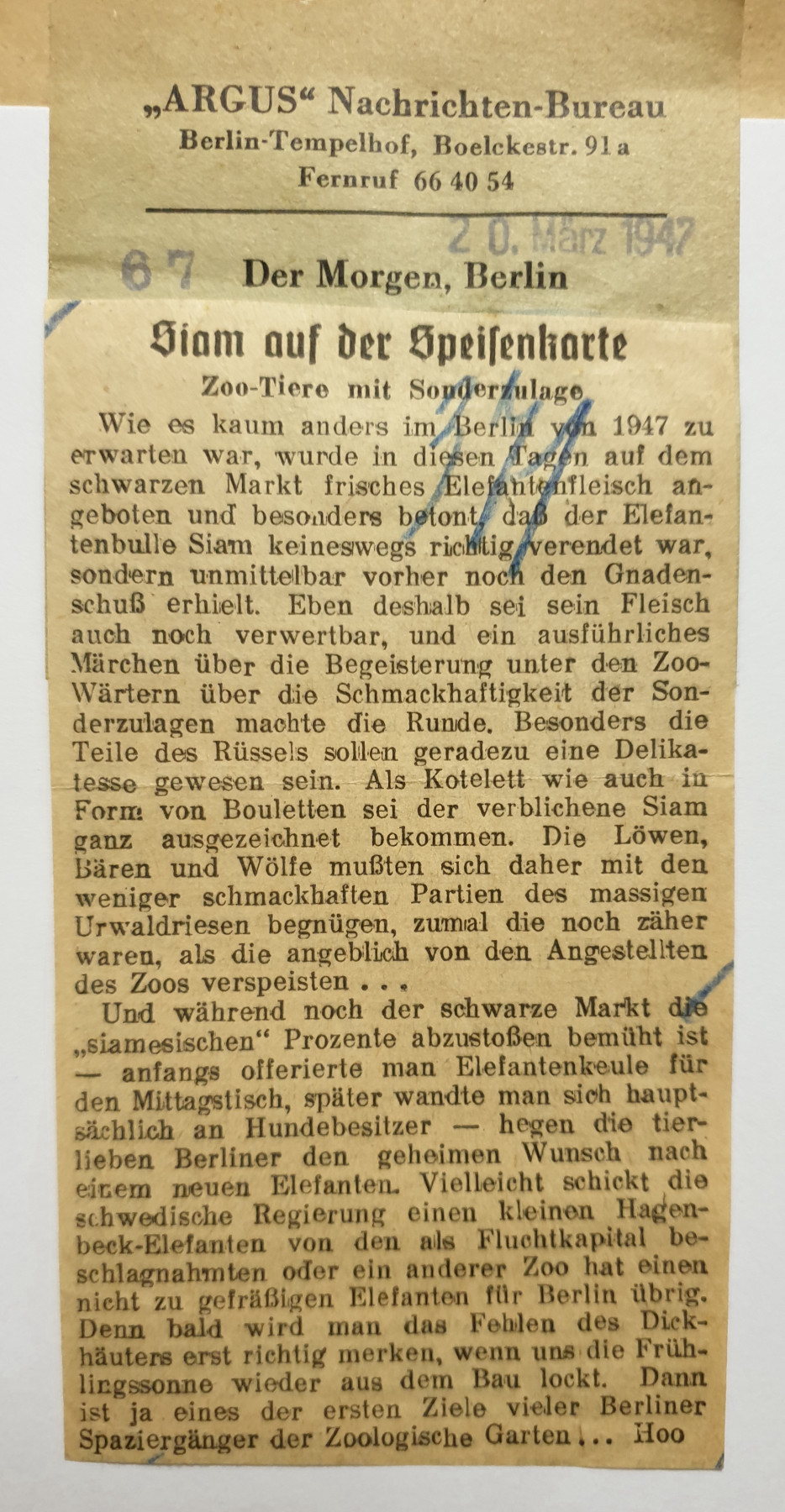 Newspaper clipping. Title: Siam on the menu. Zoo animals with a special bonus.